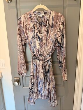 Olivia Graye Long-Sleeve Belted Dress in Purple Snakeskin Print